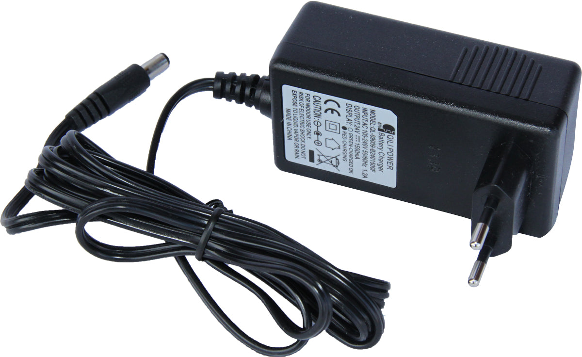 Ladegerät 24V / 1,5A - Ladegerät für Bleiakkus 24 Volt Betriebsspannung Eingang/Input: AC 100V - 240V 50/60 Hz 1.2 A Ausgang/Output: 24V 1.500 mA / 1.5 A Stecker: DCJ 5.5 mit integrierter LED-Anzeige und Auto-Abschaltfunktion (rot=ladend; grün=fertig gela
