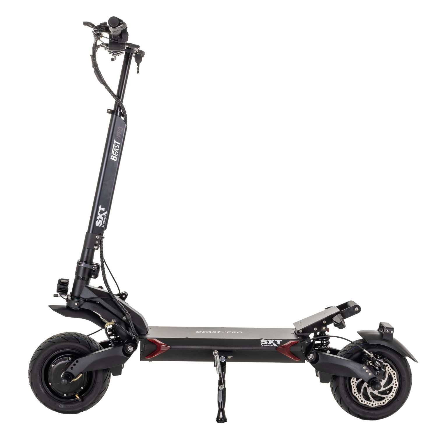 Beast Pro E-Scooter - 4.800 W max. Motorleistung hydraulische, einstellbare Stoßdämpfer vorne & hinten Lenkungsdämpfer an der Vorderachse 60V Lithiumakku mit einer Kapazität von 28.8 Ah Allradantrieb ACHTUNG!!! Das Modell ist im Bereich der StVZO nicht zu