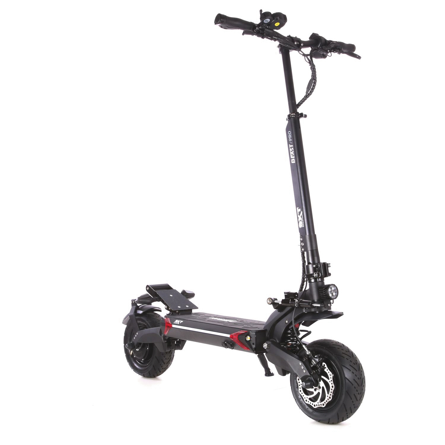 Beast Pro E-Scooter - 4.800 W max. Motorleistung hydraulische, einstellbare Stoßdämpfer vorne & hinten Lenkungsdämpfer an der Vorderachse 60V Lithiumakku mit einer Kapazität von 28.8 Ah Allradantrieb ACHTUNG!!! Das Modell ist im Bereich der StVZO nicht zu