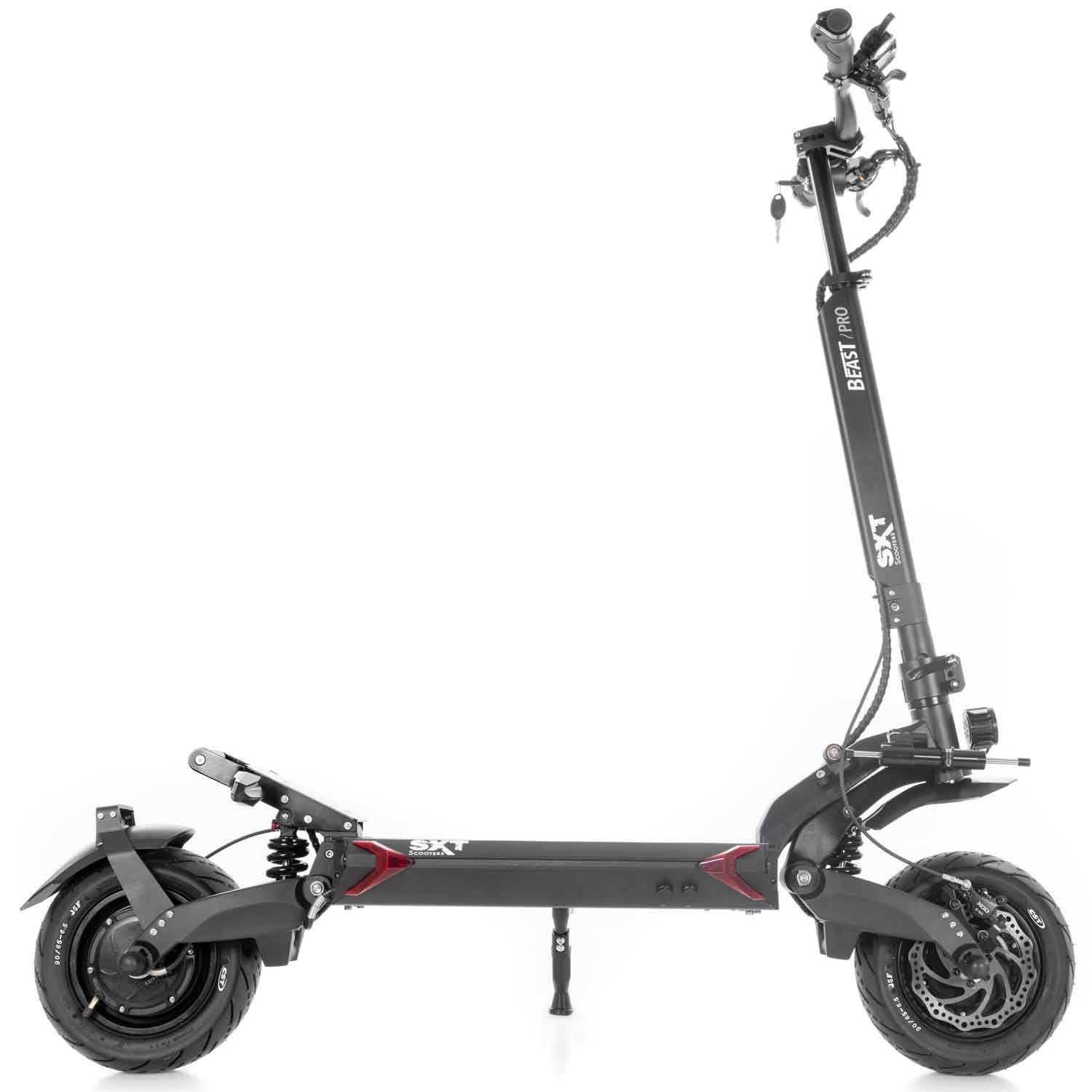 Beast Pro E-Scooter - 4.800 W max. Motorleistung hydraulische, einstellbare Stoßdämpfer vorne & hinten Lenkungsdämpfer an der Vorderachse 60V Lithiumakku mit einer Kapazität von 28.8 Ah Allradantrieb ACHTUNG!!! Das Modell ist im Bereich der StVZO nicht zu