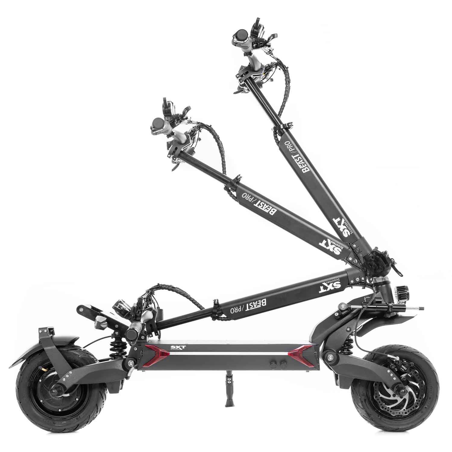 Beast Pro E-Scooter - 4.800 W max. Motorleistung hydraulische, einstellbare Stoßdämpfer vorne & hinten Lenkungsdämpfer an der Vorderachse 60V Lithiumakku mit einer Kapazität von 28.8 Ah Allradantrieb ACHTUNG!!! Das Modell ist im Bereich der StVZO nicht zu