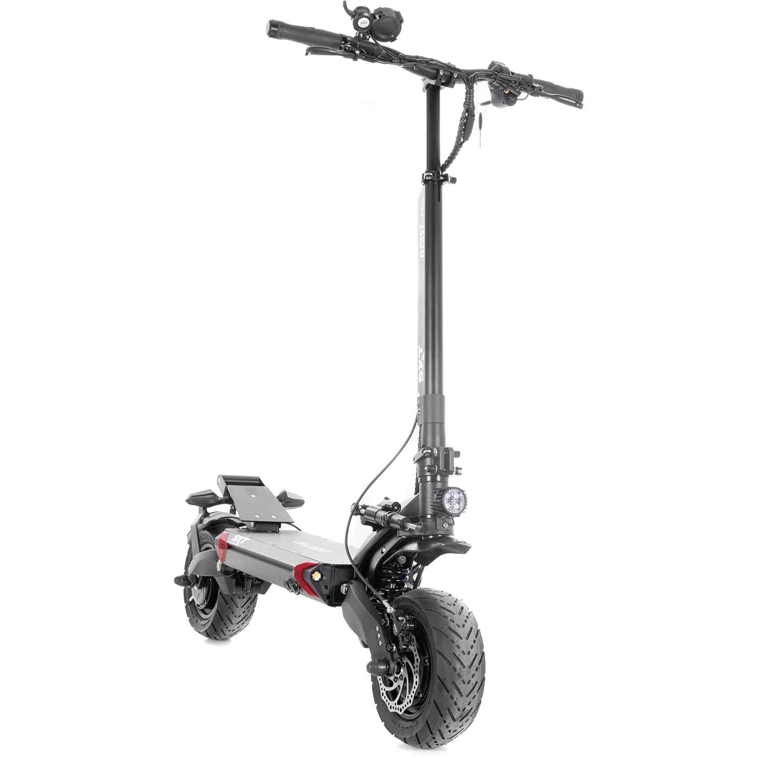 Beast Pro E-Scooter - 4.800 W max. Motorleistung hydraulische, einstellbare Stoßdämpfer vorne & hinten Lenkungsdämpfer an der Vorderachse 60V Lithiumakku mit einer Kapazität von 28.8 Ah Allradantrieb ACHTUNG!!! Das Modell ist im Bereich der StVZO nicht zu