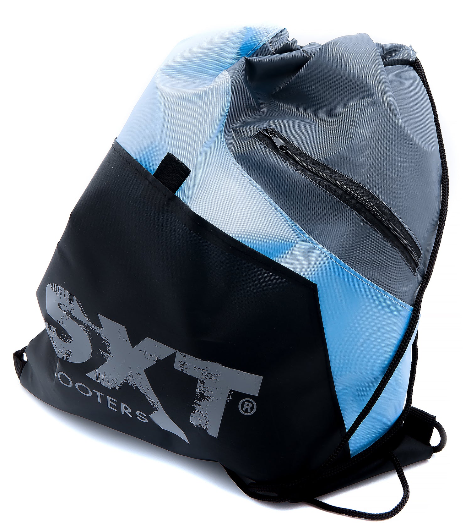 Turnbeutel - Turn- bzw. Sportbeutel mit SXT-Scooters Aufdruck Material: 100% beschichtetes Polyester Farbton: Schwarz / Hellblau/ Grau mit zwei zusätzlichen Fronttaschen - von SXT-Scooters