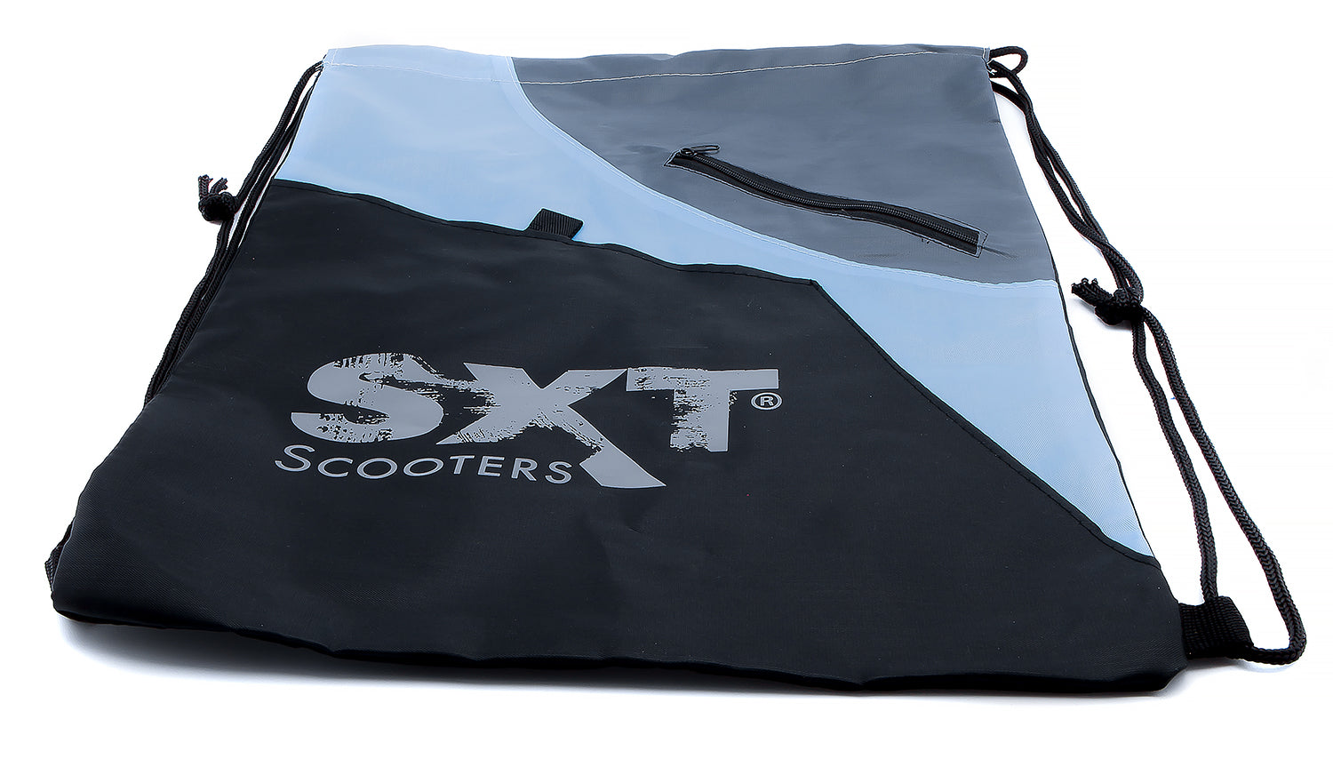 Turnbeutel - Turn- bzw. Sportbeutel mit SXT-Scooters Aufdruck Material: 100% beschichtetes Polyester Farbton: Schwarz / Hellblau/ Grau mit zwei zusätzlichen Fronttaschen - von SXT-Scooters