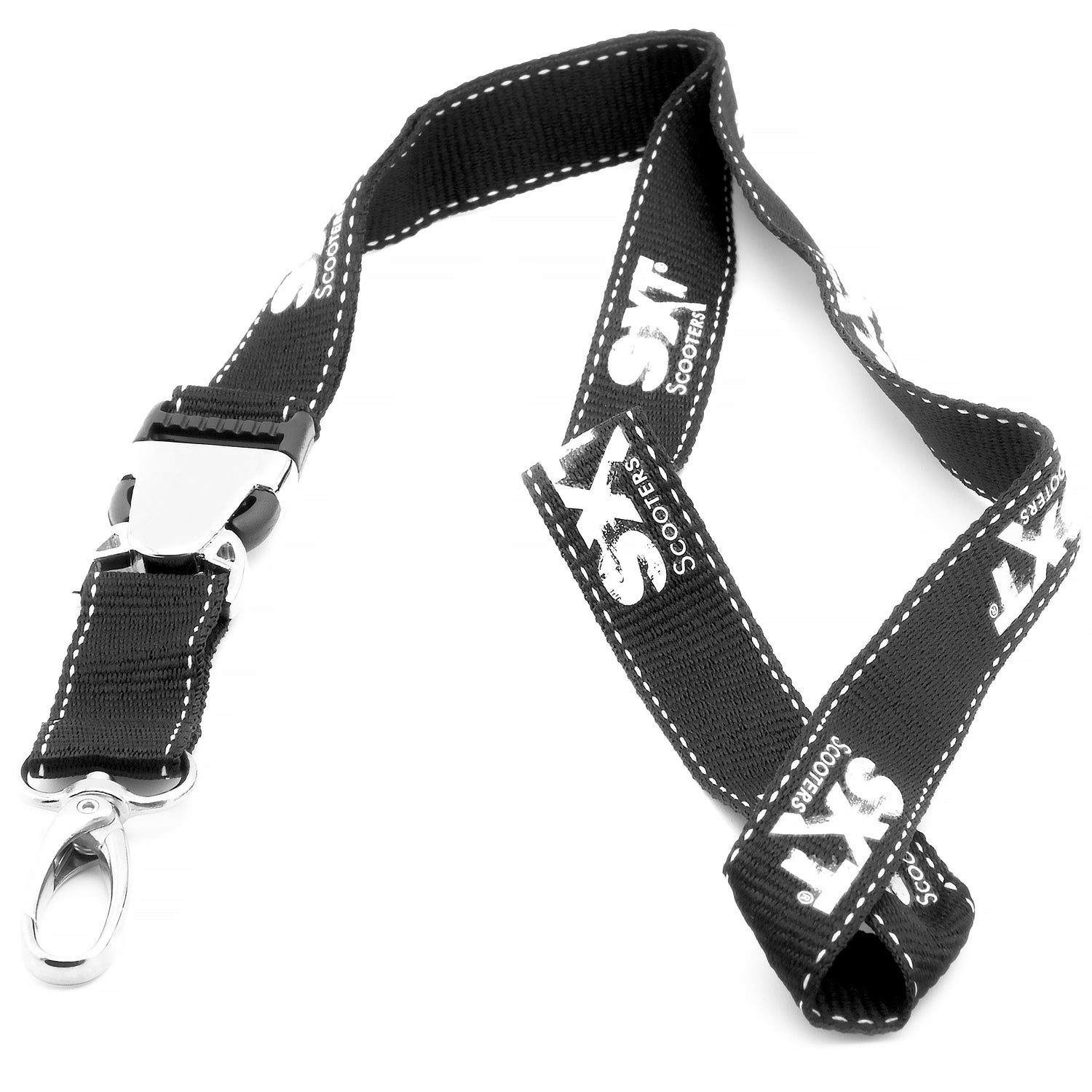 Schlüsselband / Lanyard - Optisch modernes Schlüsselband mit SXT-Scooters Aufdruck Material Schlüsselband: 100% Polyester Material Anhänger: Metall Farbton Band: Schwarz Farbton Aufdruck: Weiß Gesamtlänge: 51 cm - von SXT-Scooters