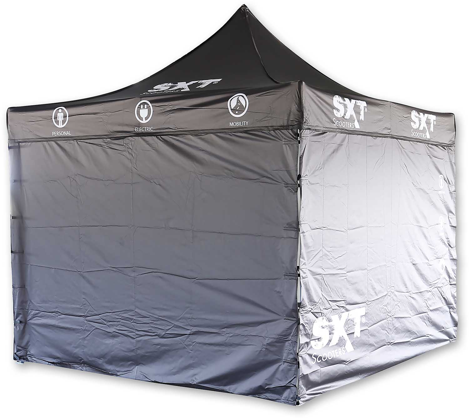 SXT Messezelt 3m x 3m - der Lieferumfang beinhaltet: 1x Dachplane mit SXT-Schriftzug 2x Seitenplane mit SXT-Schriftzug 1x Seitenplane ohne SXT-Schriftzug 1x Aluminiumgestell 1x Roll- und Tragetasche weitere Informationen: Zeltgröße: 3x3m Farbe: schwarz Pl