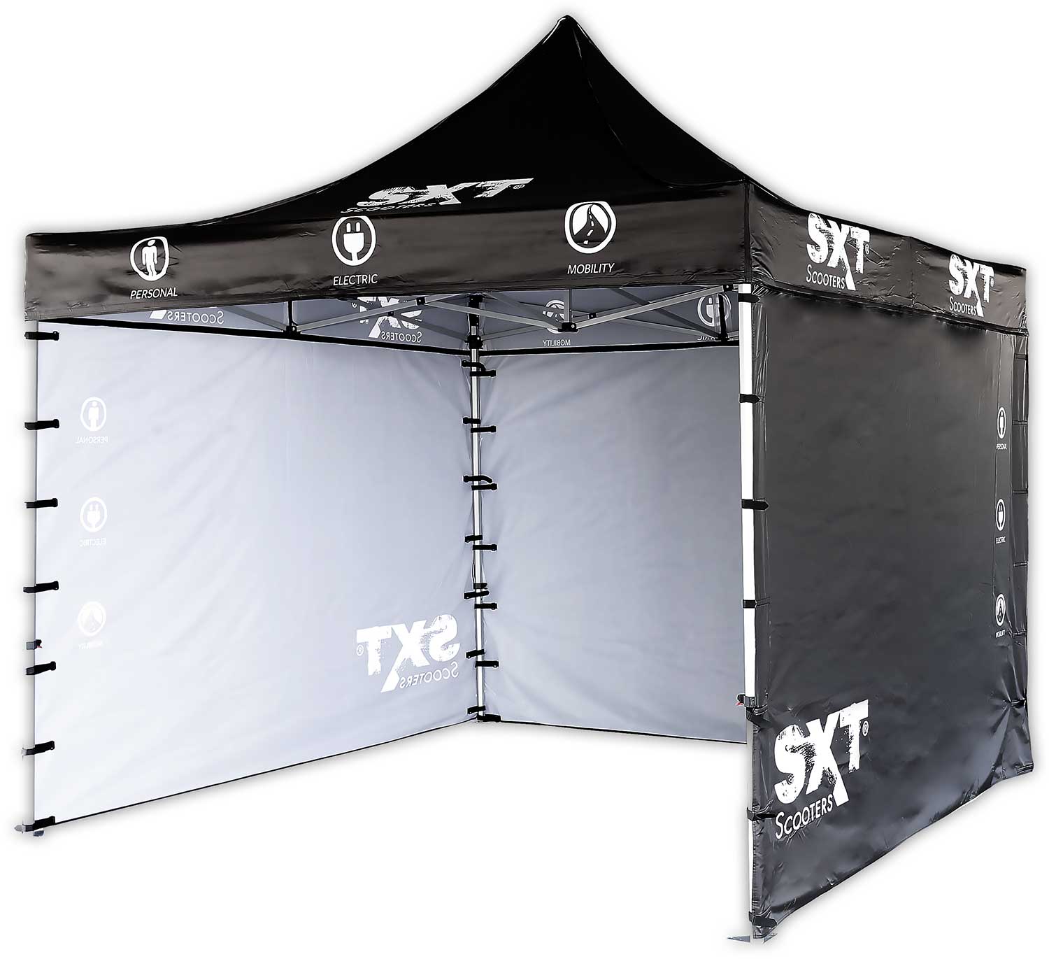 SXT Messezelt 3m x 3m - der Lieferumfang beinhaltet: 1x Dachplane mit SXT-Schriftzug 2x Seitenplane mit SXT-Schriftzug 1x Seitenplane ohne SXT-Schriftzug 1x Aluminiumgestell 1x Roll- und Tragetasche weitere Informationen: Zeltgröße: 3x3m Farbe: schwarz Pl