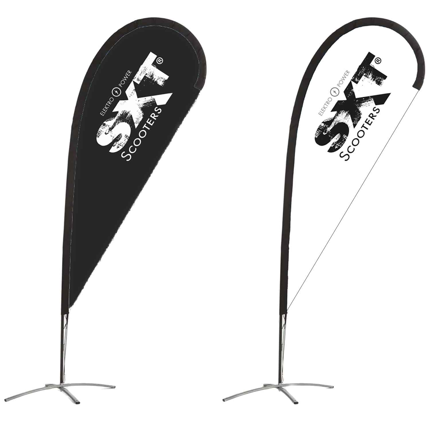 Beachflag - der Lieferumfang beinhaltet: 1x Beachflag (Tuch) mit SXT Logo (ACHTUNG in verschiedenen Farben & Größen erhältlich) 1x verchromter Standfuß weitere Informationen: inkl. Transporttasche ACHTUNG! Bild kann abweichen - von SXT-Scooters