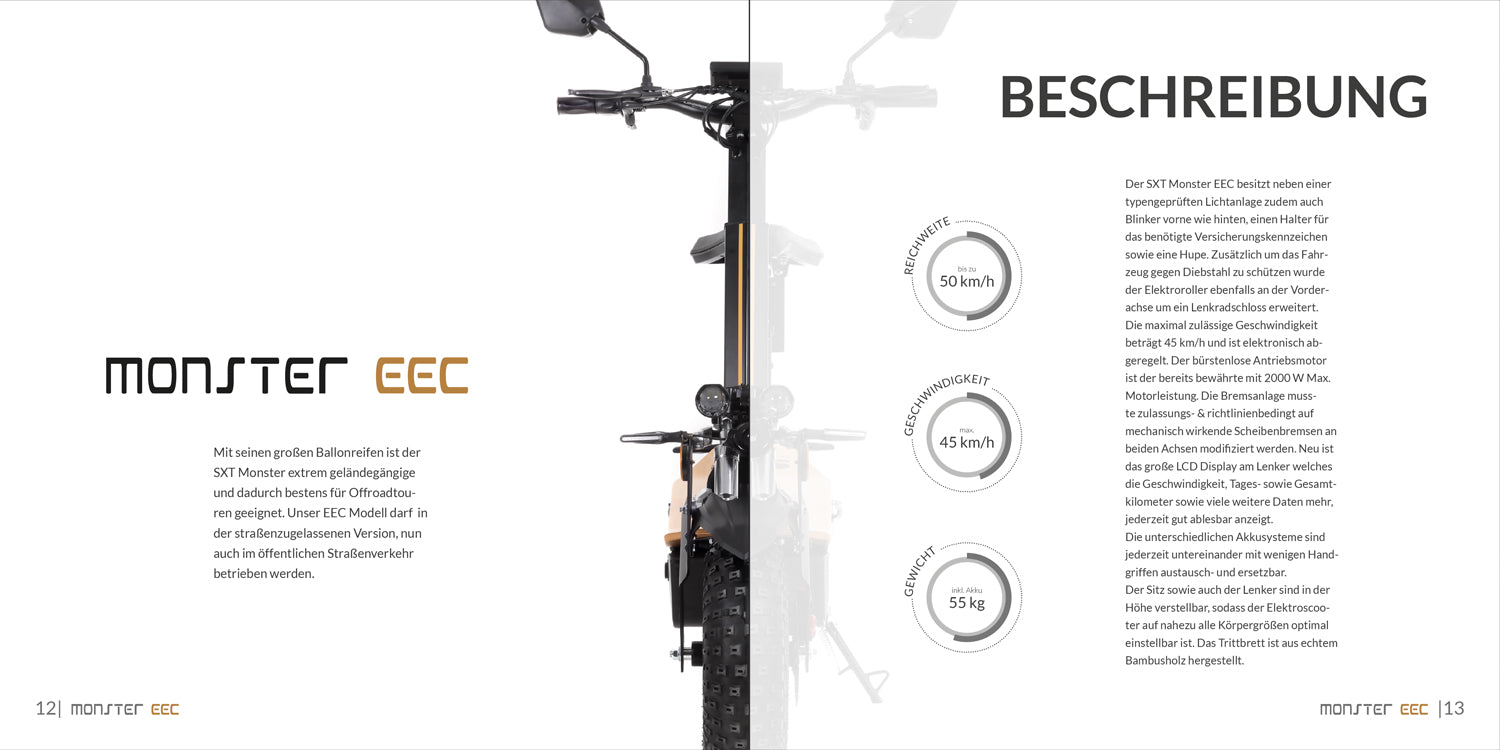 SXT Monster EEC Werbebroschüre (10er Pack) - Hochwertige Werbebroschüre für das Modell SXT Monster EEC 20-seitiger Produktkatalog Maße: 210 x 210 mm - von SXT-Scooters