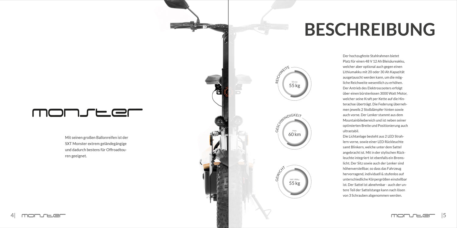 SXT Monster EEC Werbebroschüre (10er Pack) - Hochwertige Werbebroschüre für das Modell SXT Monster EEC 20-seitiger Produktkatalog Maße: 210 x 210 mm - von SXT-Scooters