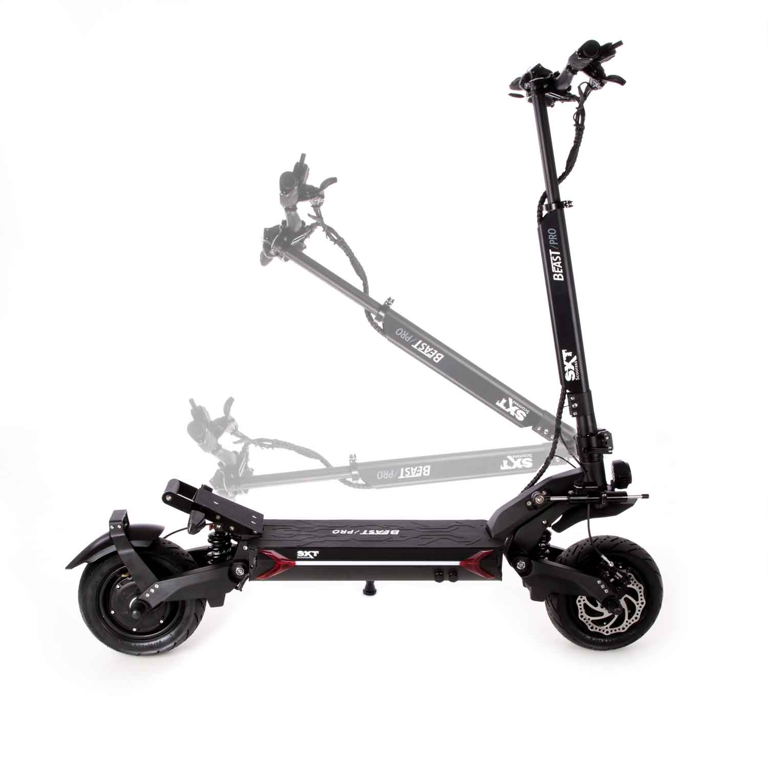 Beast Pro E-Scooter - 4.800 W max. Motorleistung hydraulische, einstellbare Stoßdämpfer vorne & hinten Lenkungsdämpfer an der Vorderachse 60V Lithiumakku mit einer Kapazität von 28.8 Ah Allradantrieb ACHTUNG!!! Das Modell ist im Bereich der StVZO nicht zu