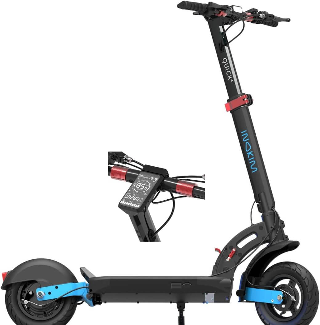 Quick 4 E-Scooter - Leistungsstarker 600W Motor: Erreiche Geschwindigkeiten bis zu 40 km/h. Große Reichweite: Bis zu 70 km mit einer einzigen Ladung. Faltbares Design: Einfach zu transportieren und zu lagern. Komfortable Fahrt: 10-Zoll-Luftreifen und Stoß