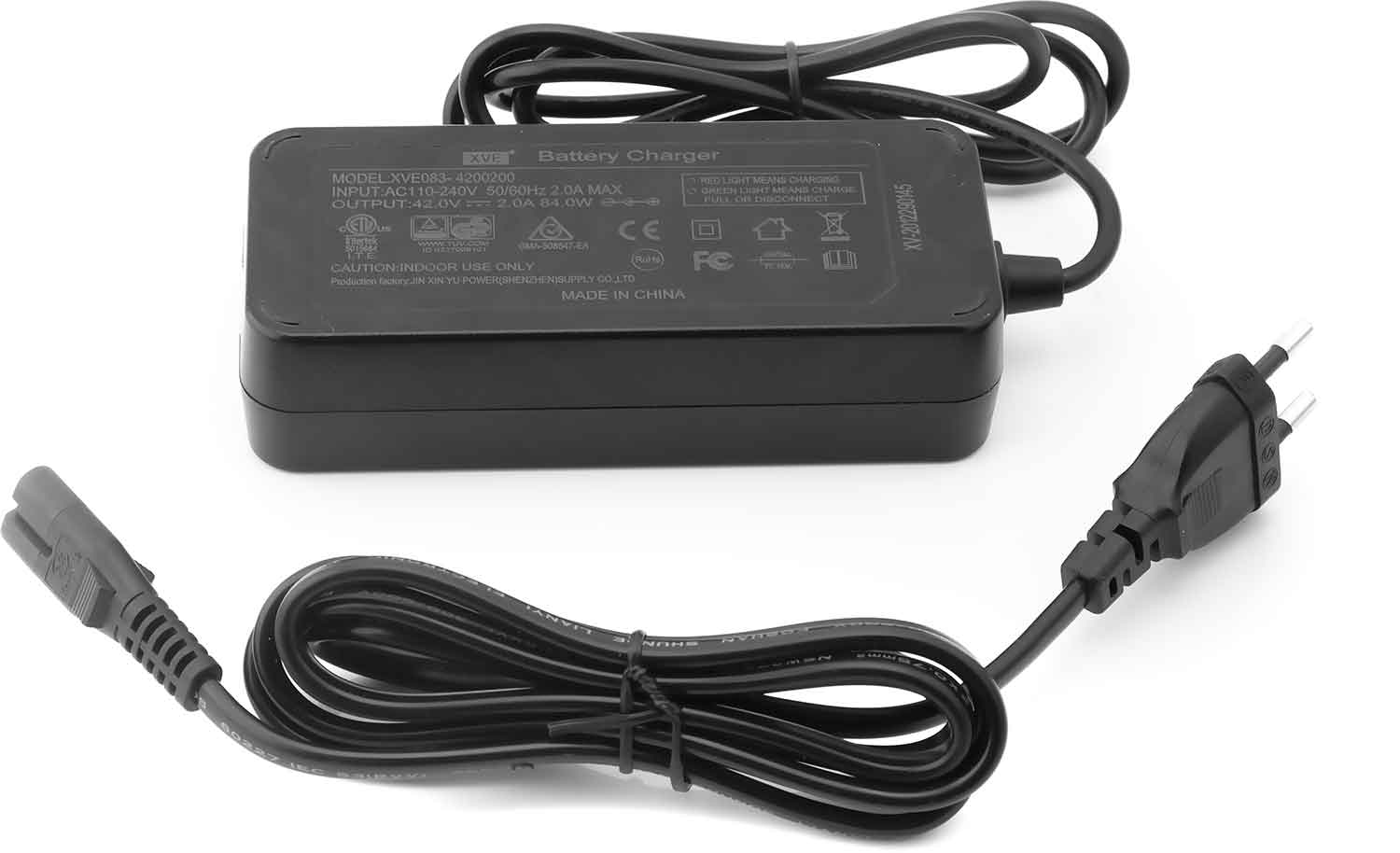 Ladegerät 42V 2A - Passendes Ladegerät für das Modell Scotex H10 Ausgangsspannung: 42V Ausgangsstärke: 2A Maße (ohne Kabel): 138 x 58 x 32 mm (Länge x Breite x Höhe) Kabellänge: 1 m - von SXT-Scooters