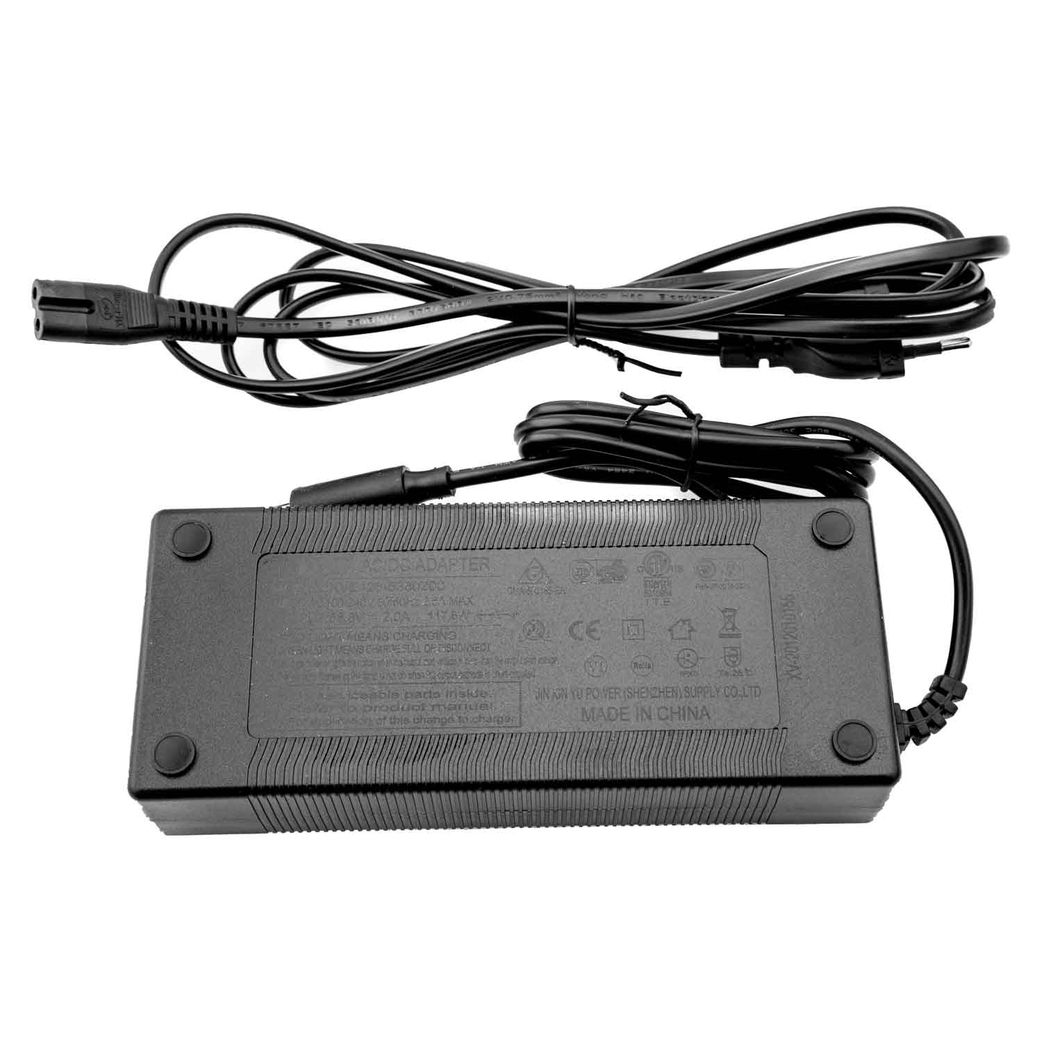 Ladegerät 58V - der Lieferumfang beinhaltet: 1x Ladegerät 1x Netzkabel technische Informationen: Geeignet für Lithium Ionen Akkus Betriebsspannung: 50,4 Volt Eingang/Input: AC 100V - 240V 50/60Hz 2,5A Max Ausgang/Output: DC 58,8V - 2,0A DCJ 5.5 Stecker M