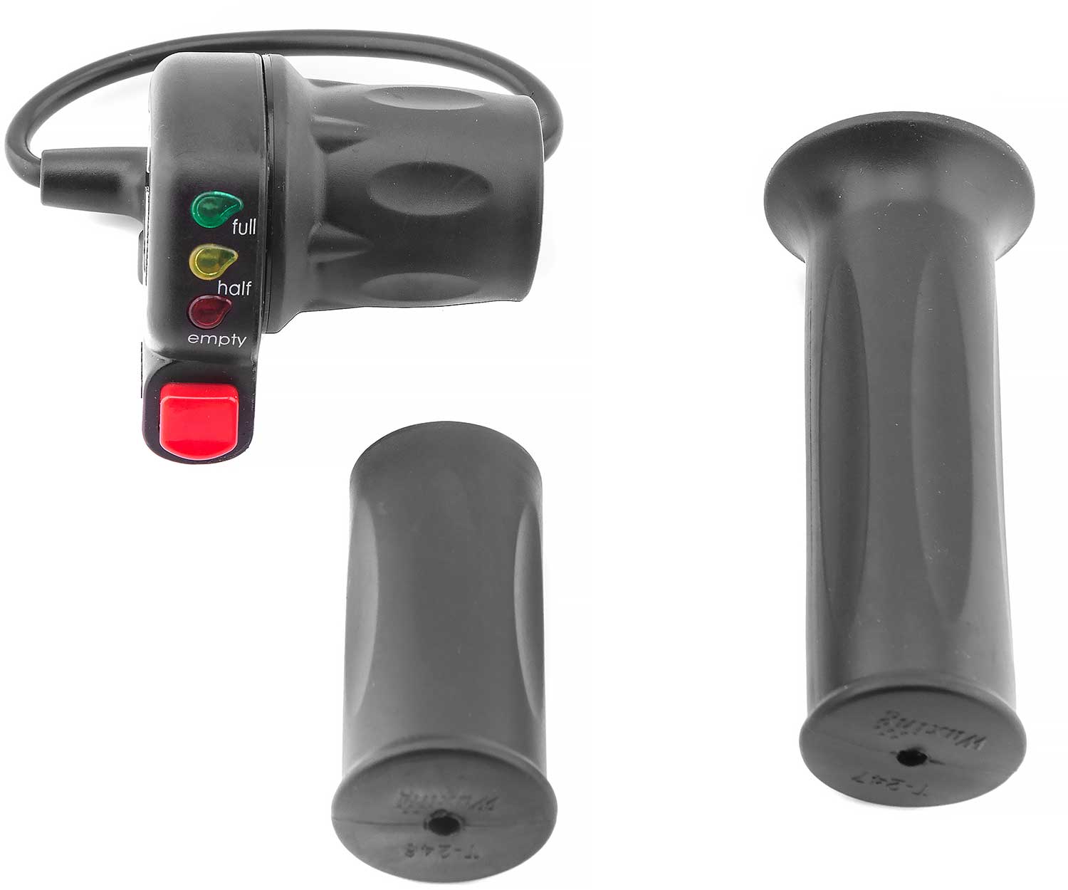 Gasgriff mit ECO-Knopf 48V - der Lieferumfang beinhaltet: 1x Gasgriff mit ECO-Knopf (inkl. Hülse und zweitem Griffstück) 1x linker Gummigriff Technische Daten: nur für 48V Spannung ausgelegt mit einer Steckverbindung (Quick Connector) hat einen roten ECO-