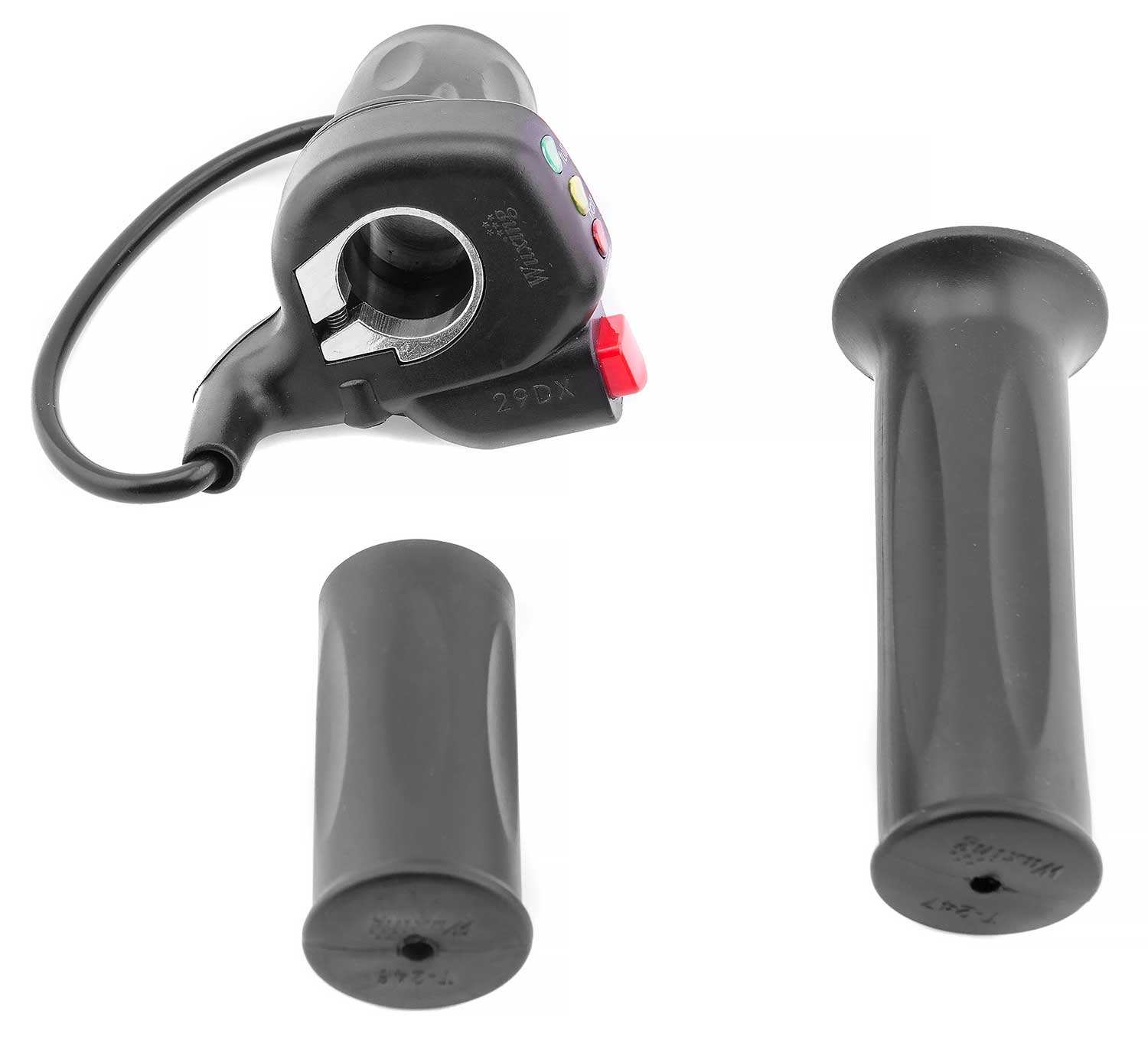 Gasgriff mit ECO-Knopf 48V - der Lieferumfang beinhaltet: 1x Gasgriff mit ECO-Knopf (inkl. Hülse und zweitem Griffstück) 1x linker Gummigriff Technische Daten: nur für 48V Spannung ausgelegt mit einer Steckverbindung (Quick Connector) hat einen roten ECO-
