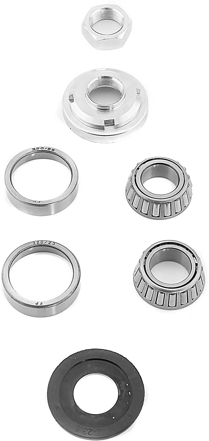 Lenkkopflagersatz (5-teiliges SET) - der Lieferumfang beinhaltet: 1x Kontermutter 1x Staubschutzkappe aus Metall 1x oberes Kegelrollenlager (Größe: 320 / 22) 1x unteres Kegelrollenlager (Größe: 320 / 23) 1x Mettalunterlagsscheibe - von SXT-Scooters