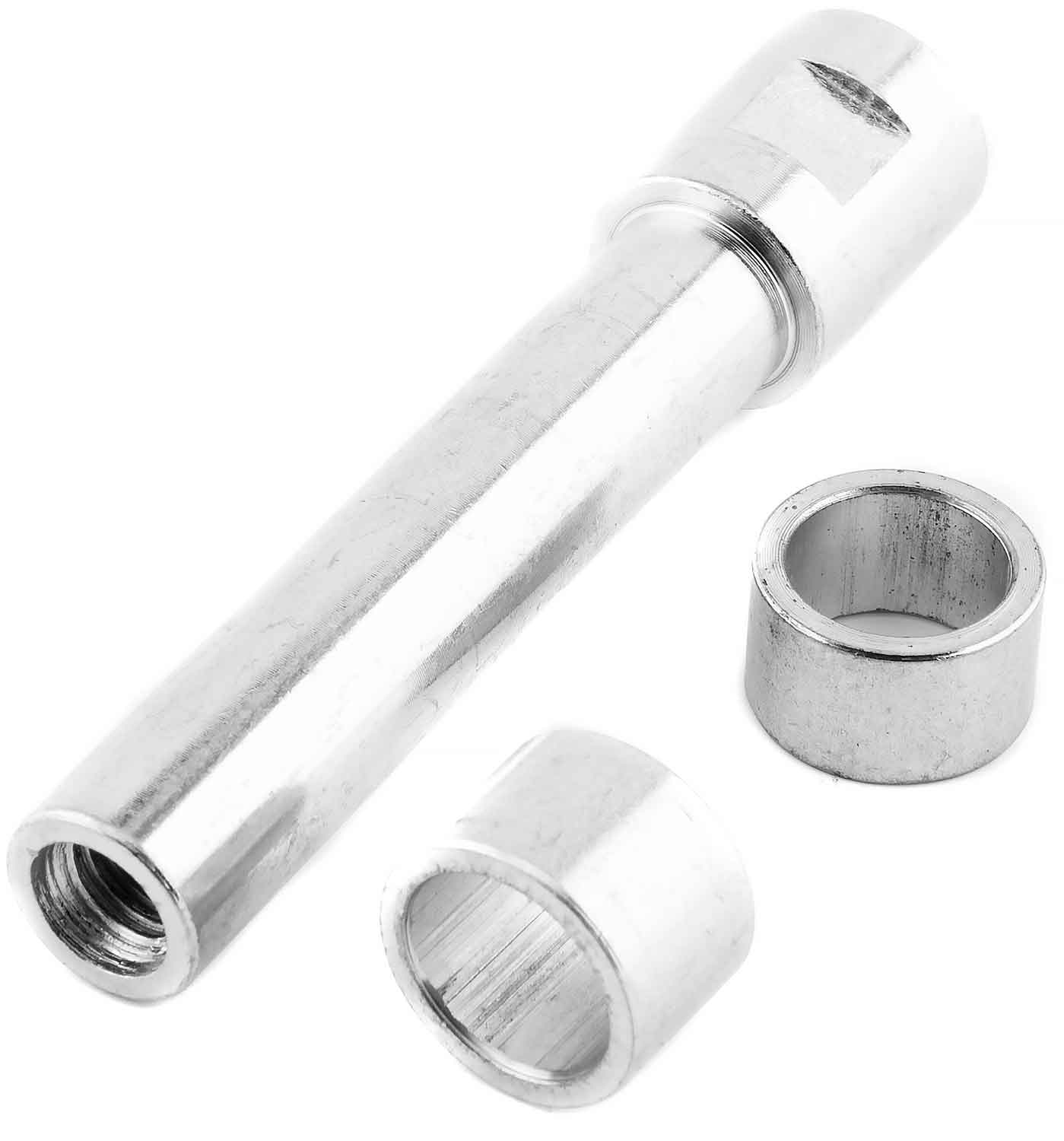 Achsen Set für Hinterrad - passende Achse des Hinterrades für das Modell SXT MAX Set bestehend aus drei Teilen kompatibel mit Hinterrad SP0895 Achsenlänge: 10 cm Inkl. zwei Distanzhülsen 1,1 cm und 1,4 cm - von SXT-Scooters