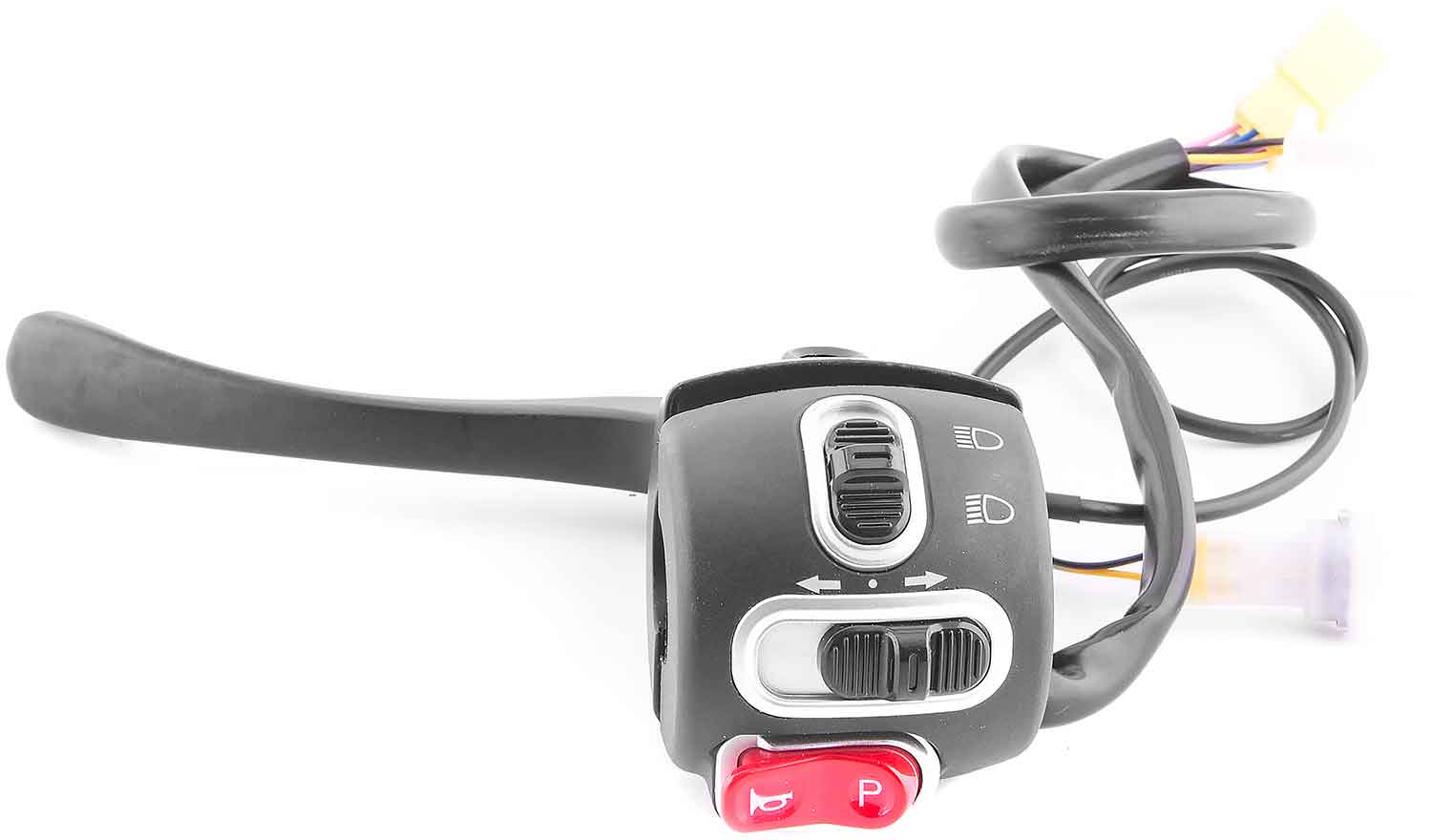 Schalter Hupe / Blinker / Licht - Passendes Bedienelement für das Modell SXT Gekko V3 Regler bzw. Schalter für: Hupe Blinker Licht Parksperre Inkl. Bremsgriff Betriebsspannung: 48V 2x 2-polige Steckverbindung 1x 8-polige Steckverbindung Maße (Schaltaggreg