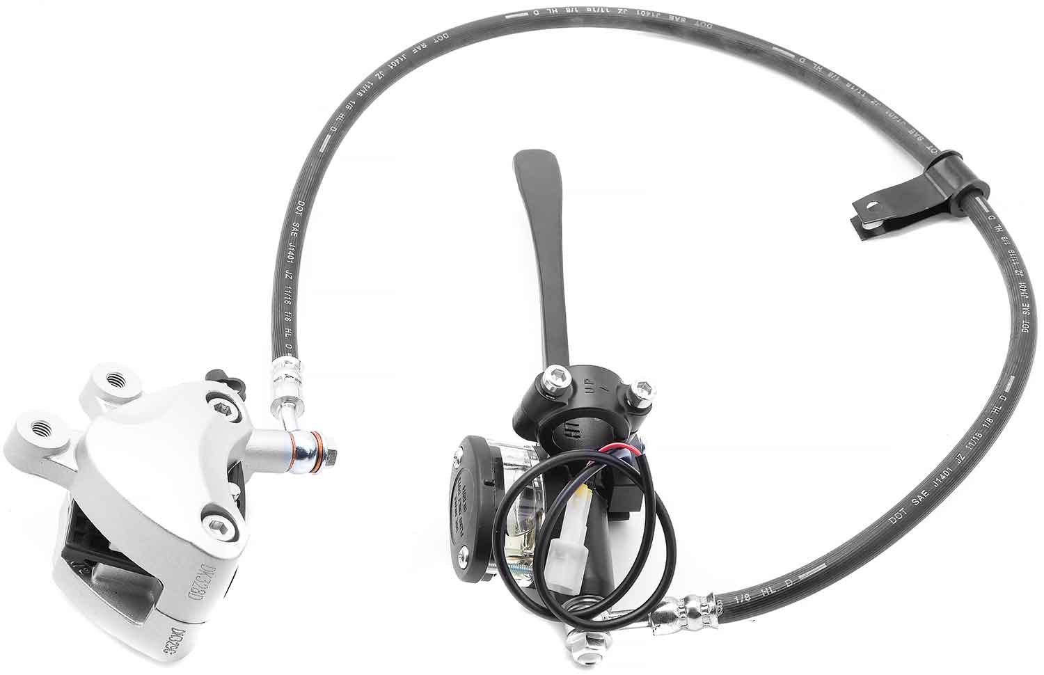 Hydraulische Bremsanlage - Passende hydraulische Vorderradbremse für das Modell SXT Gekko V3 Inkl. Bremsgriff und Behälter für Bremsflüssigkeit 2-polige Steckverbindung Länge: 85 cm - von SXT-Scooters