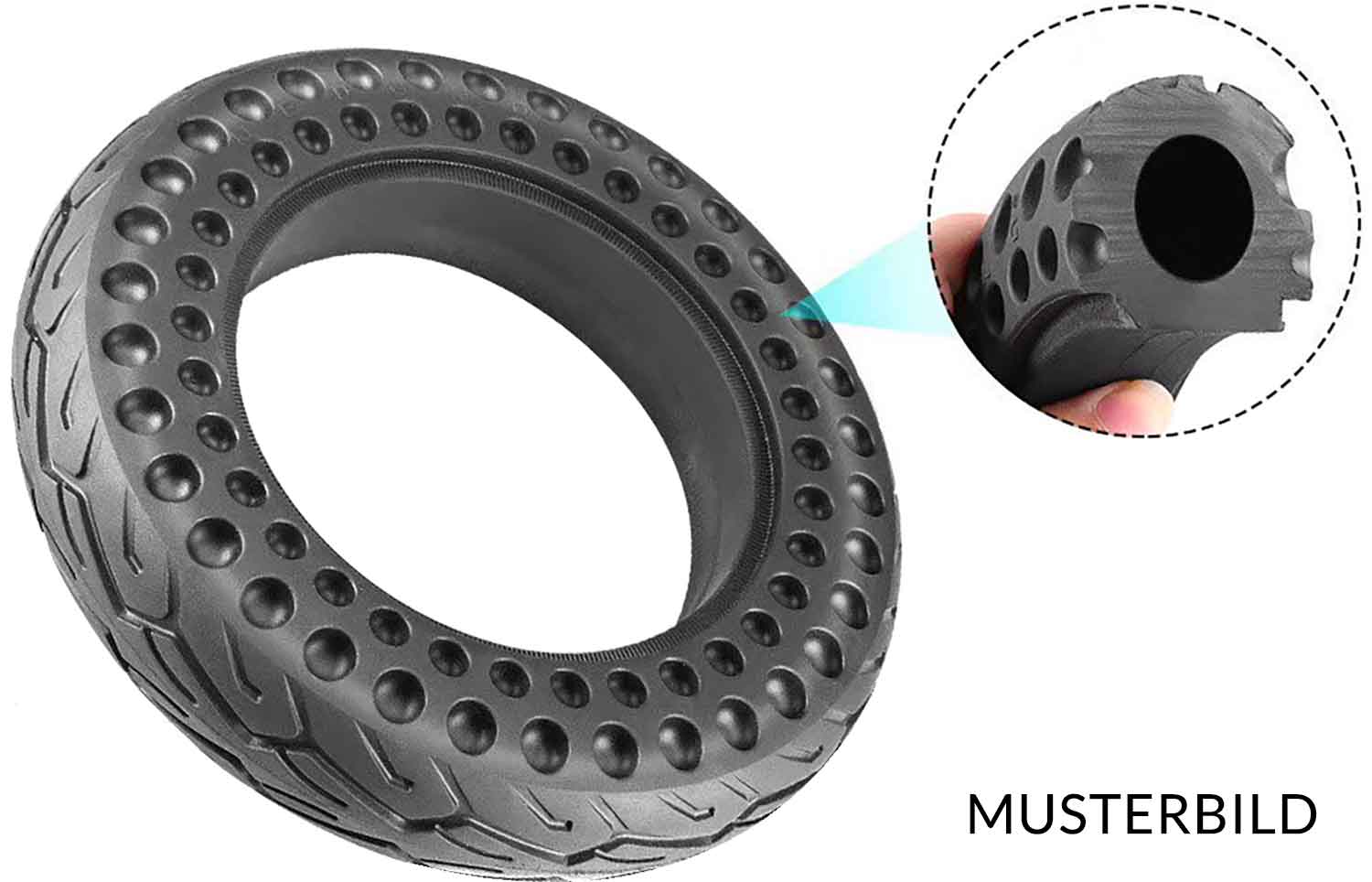 Honeycomb Reifen 10.0 x 2.5 - der Lieferumfang beinhaltet: 1x Honeycomb Reifen Technische Daten: Reifengröße: 10.0 x 2.5 | 35 - 4 Außendurchmesser: 245,5 mm Innendurchmesser: 156,5 mm Reifenbreite: 50,0 mm Breite Felgennut: 35.0 mm Tiefe Felgennut: 7,0 mm