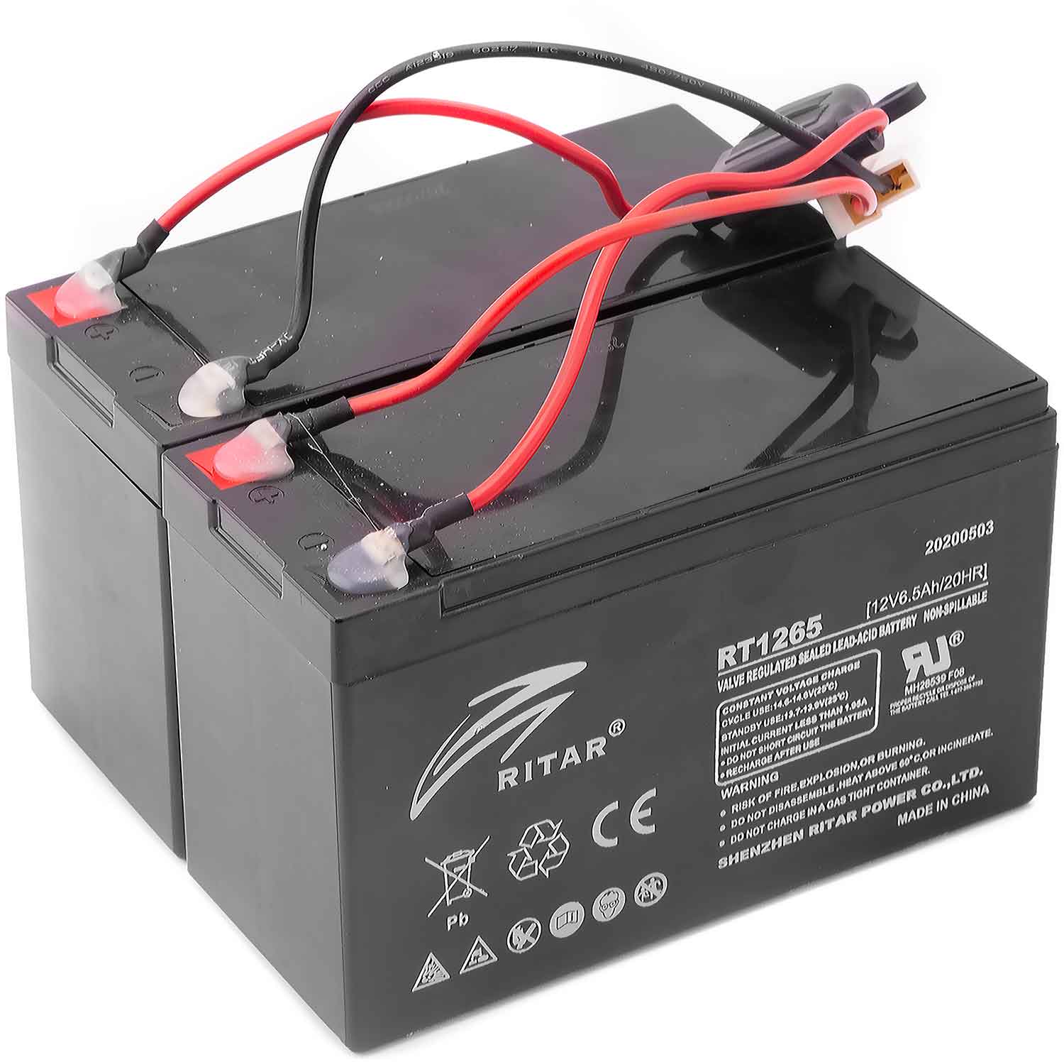 Bleiakku 24V 6,5 Ah (SET) d - Passender Bleiakku für das Modell Scotex Spike Set bestehend aus 2 Akku-Zellen (2 x 12V) Kapazität: 6,5Ah 2-polige Steckverbindung Maße (Akku-Zelle): 150 x 64 x 93 mm (Länge x Breite x Höhe) - von SXT-Scooters