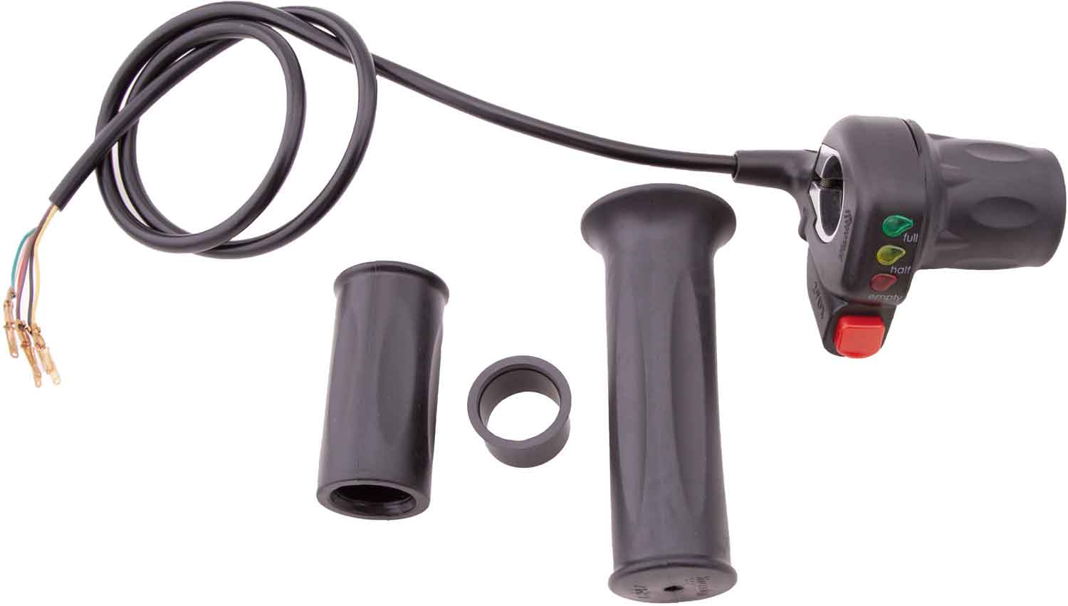 Gasgriff (4-teiliges Set) - Passender Gasgriff mit Ladeanzeige für das Modell Scotex Wheely Betriebsspannung: 24V Set bestehend aus: Gasgriff mit Ladeanzeige Linker Lenkergriff Rechter Lenkergriff Arretierungsring Länge Gasgriff: 65 mm Kabellänge: 830 mm