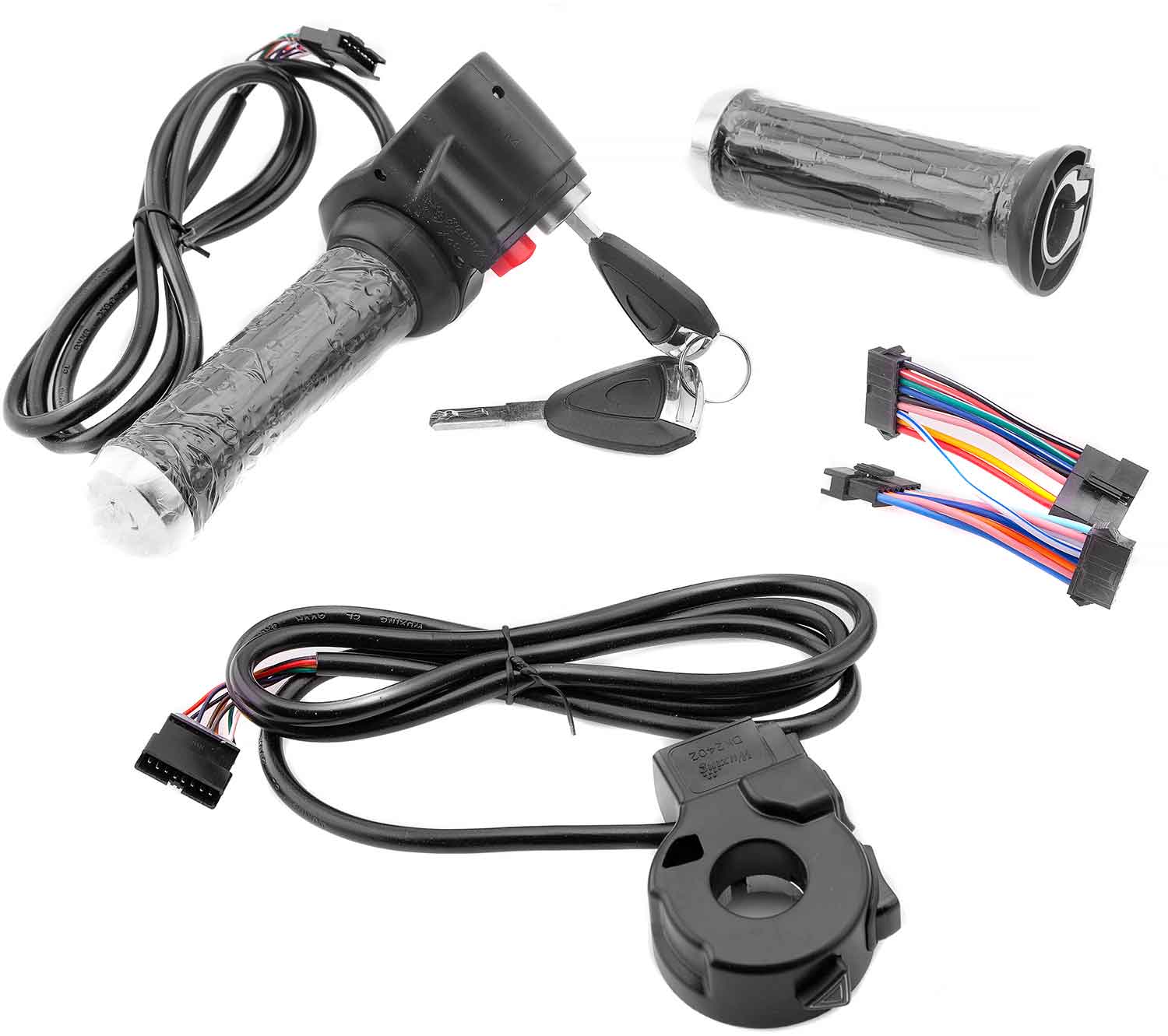 Gasgriff 60V mit Bedieneinheit (Set) - 4-teiliges Set bestehend aus: Gasgriff mit Zündschloss, ECO-Knopf und zwei Schlüssel Linker Lenkergriff Bedieneinheit (Licht/Blinker/Warnblinker/Hupe) Verbindungskabel Kompatibel mit dem Modell SXT Grizzy Länge (Gasg