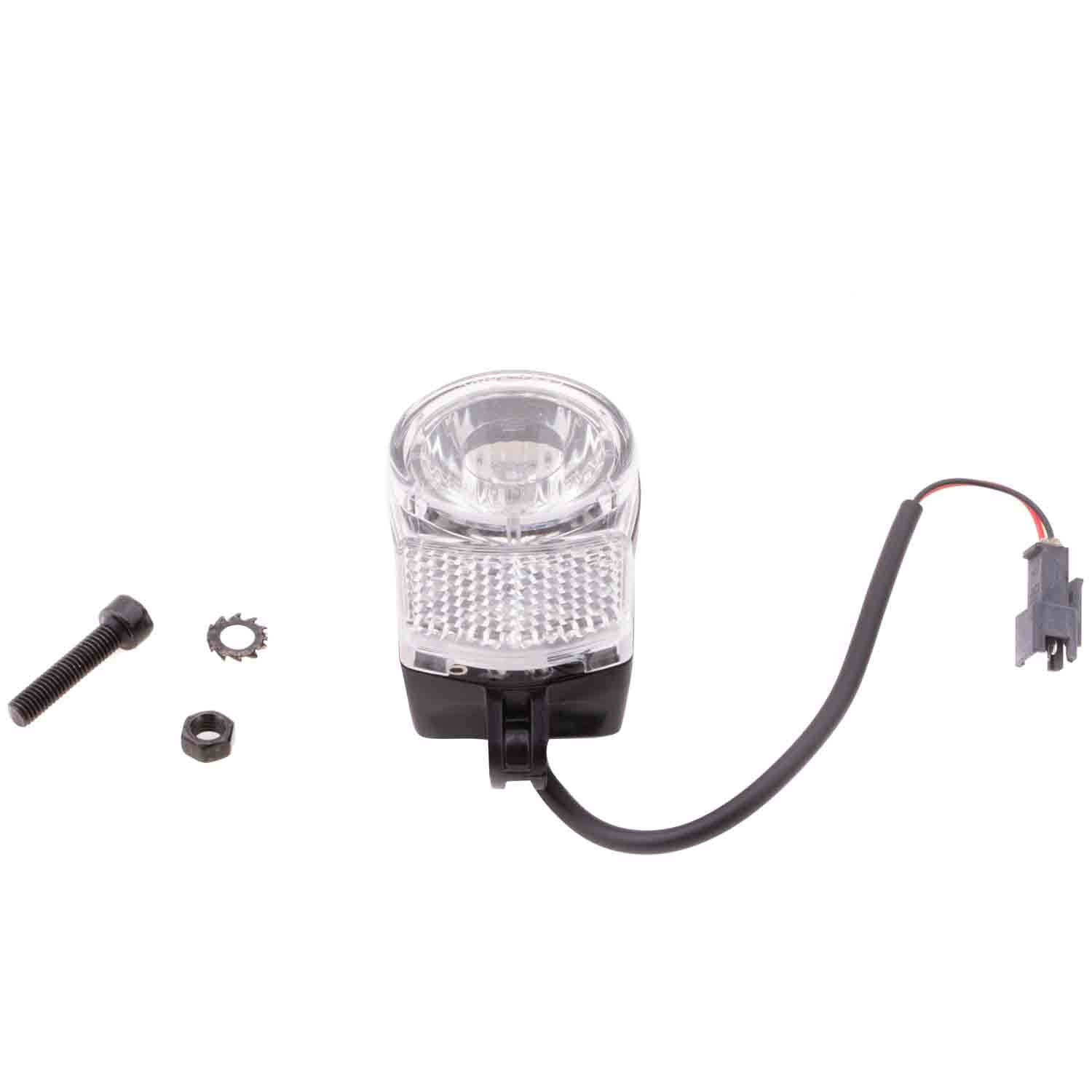 Vorderlicht - Passendes Vorderlicht für das Modell SXT TITO Ausgangsspannung: 6V Leistung: 2,4W 2-polige Steckverbindung CE-zertifiziert Maße (ohne Kabel): 70 x 38 x 35 mm (Länge x Breite x Tiefe) Kabellänge: 156 mm Inkl. Schraube, Kontermutter und Unterl