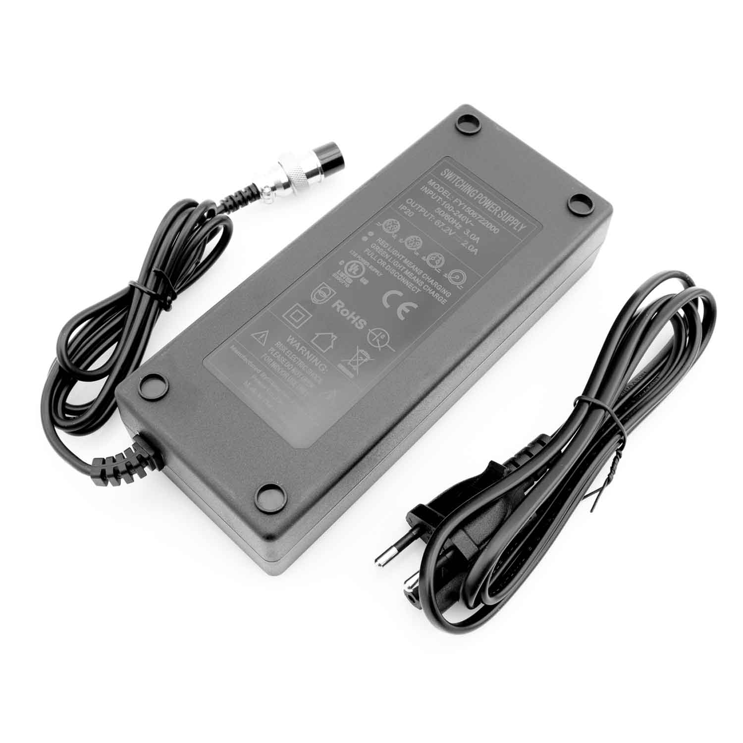 Ladegerät 67,2V / 2A - Passendes Ladegerät für die Modelle SXT Beast Pro, SXT Ultimate Pro und SXT Ultimate Pro+ Ausgangsspannung: 67,2V Ausgangsstärke: 2A CE-Zertifizierung Maße (ohne Kabel): 170 x 70 x 38 mm (Länge x Breite x Höhe) - von SXT-Scooters