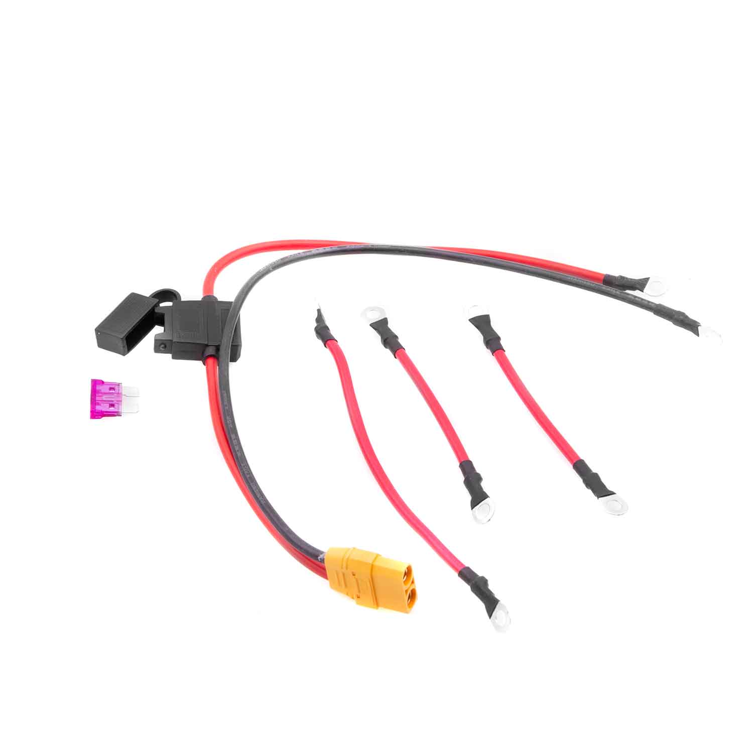 Akku Kabel Set 48V 12Ah (2000W) - Passendes Akku Kabel Set zum 48V 12Ah Blei-Akku (2000W) für den SXT Monster EEC Das Set beinhaltet folgende Komponenten: Kabel mit Sicherungskasten und Steckverbindung Flachstecksicherung 35A Kurzes Verbindungskabel (2x)