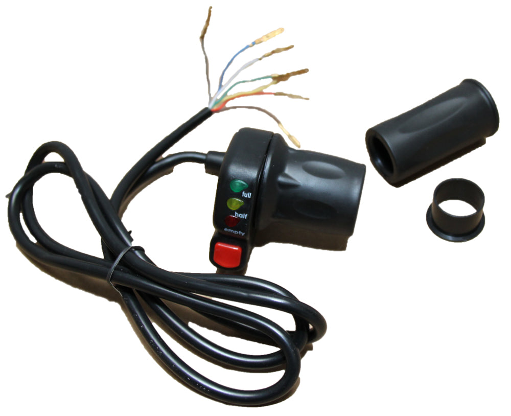 Gasgriff, Drehgasgriff 36V mit ECO Knopf - Gasgriff inklusive Gaszug mit LED Ladezustandanzeige 36V Betriebsspannung mit Turboknopf / Ecomodus - von SXT-Scooters