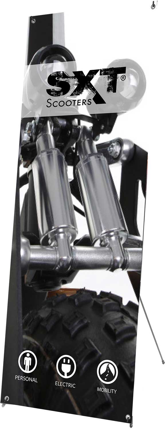 SXT X-Stand - die Lieferung beinhaltet: 1x Kunststoffgestell aus Fiberglas 1x Banner mit einem SXT Motiv 1x Transporttasche weitere Informationen: in verschiedenen SXT Motiven erhältlich Gewicht: 500 g Maße (aufgestellt): (HxBxT) 160 x 60 x 30 cm ist in