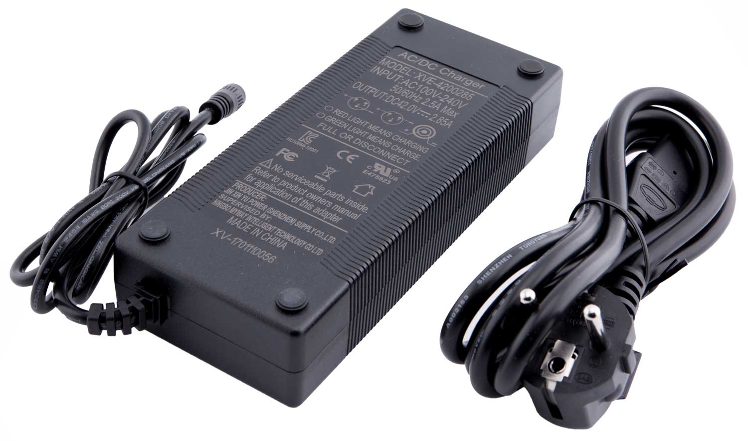 Lithium Ionen Schnellladegerät 36V / 3,0A - Schnellladegerät für Lithium Ionen Akkus 36 Volt Betriebsspannung Eingang/Input: AC 100V - 240V 50/60Hz 2,5A Max Ausgang/Output: DC 42V - 2,85A DCJ 5.5 Stecker mit integrierter LED-Anzeige und Auto-Abschaltfunkt